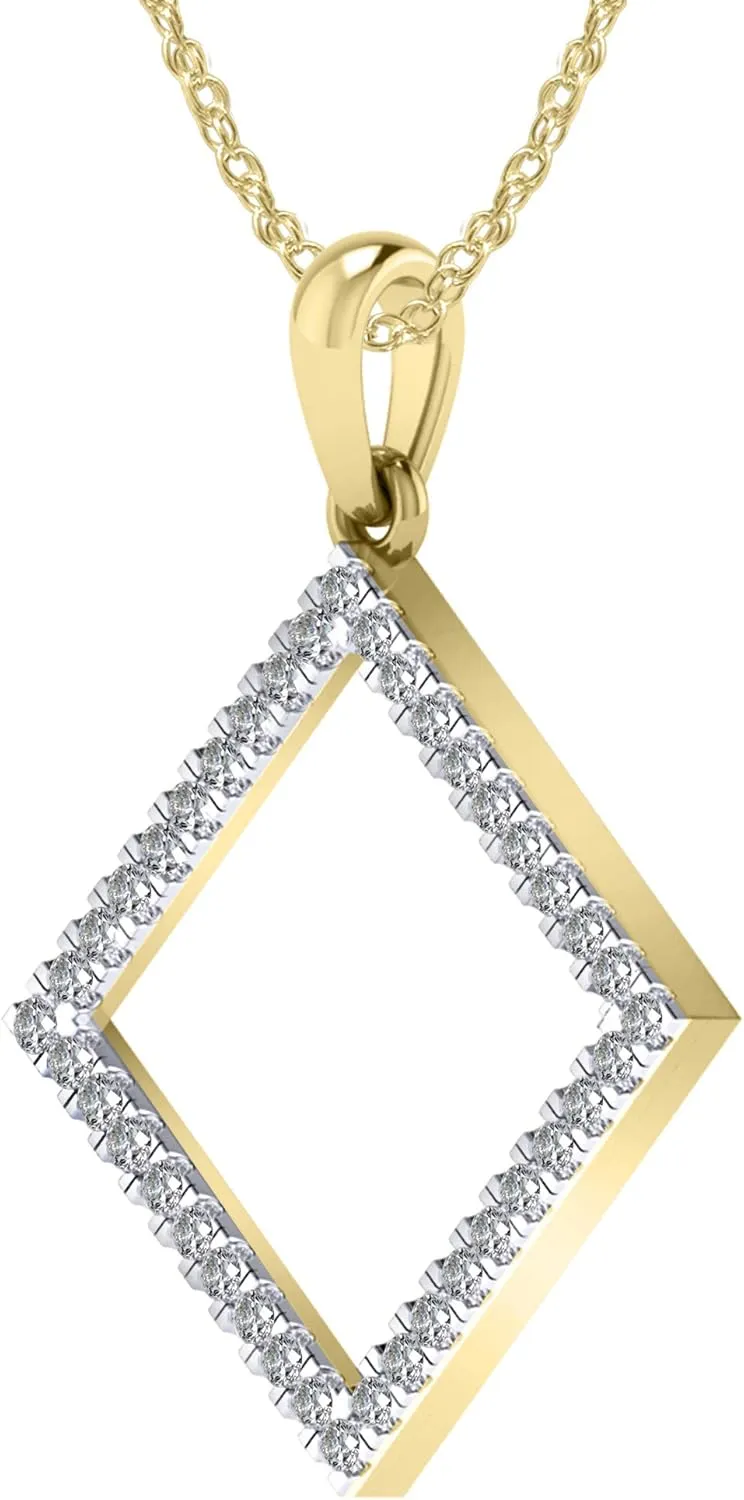 10k Gold 0.16 Carat (Ctw) Natural Round Cut White Diamond Geometric Square Frame Pendant Necklace Along With 18" Chain | H-I Color, I1-I2 Clarity, 1/6 ct