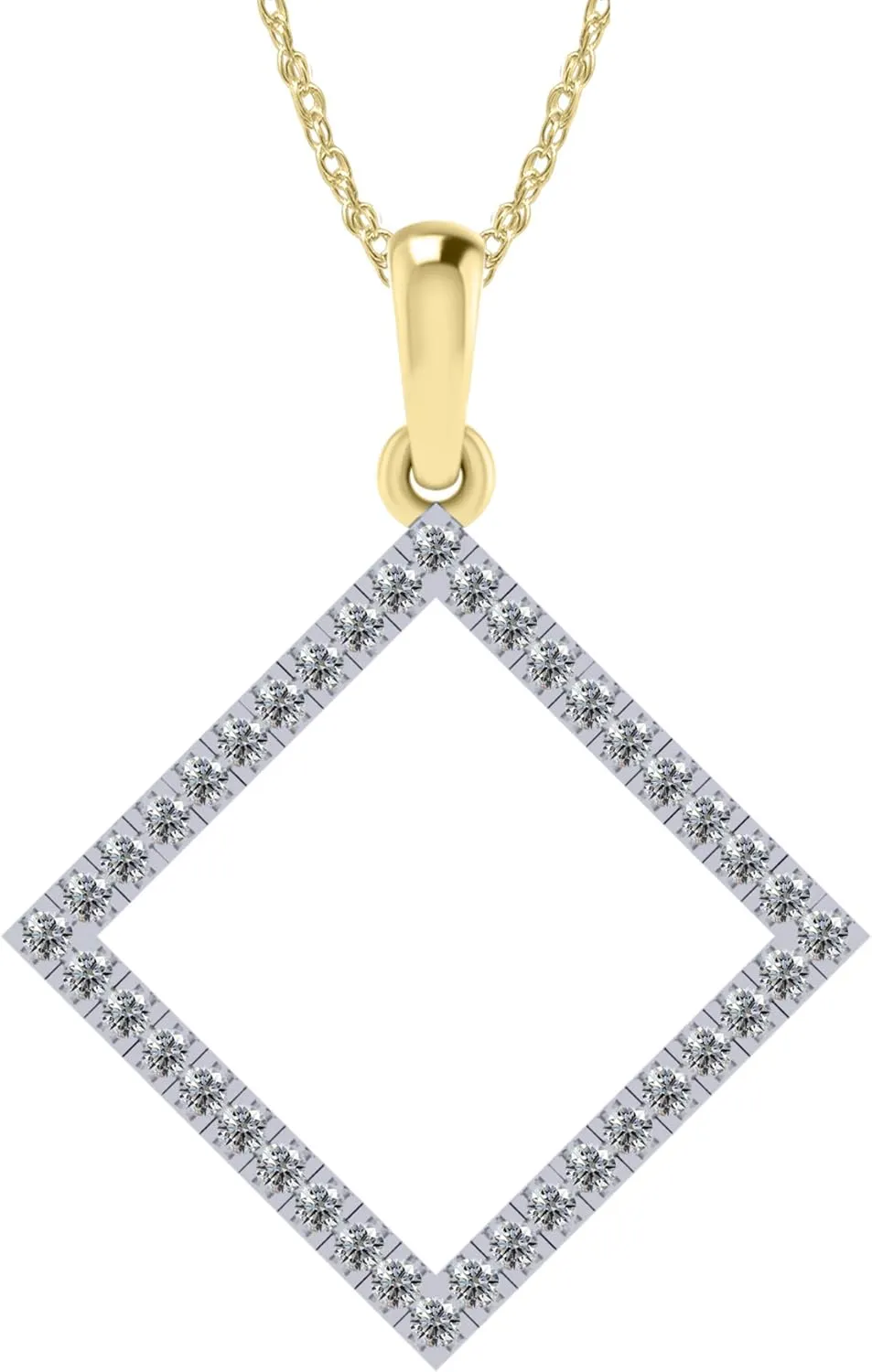 10k Gold 0.16 Carat (Ctw) Natural Round Cut White Diamond Geometric Square Frame Pendant Necklace Along With 18" Chain | H-I Color, I1-I2 Clarity, 1/6 ct