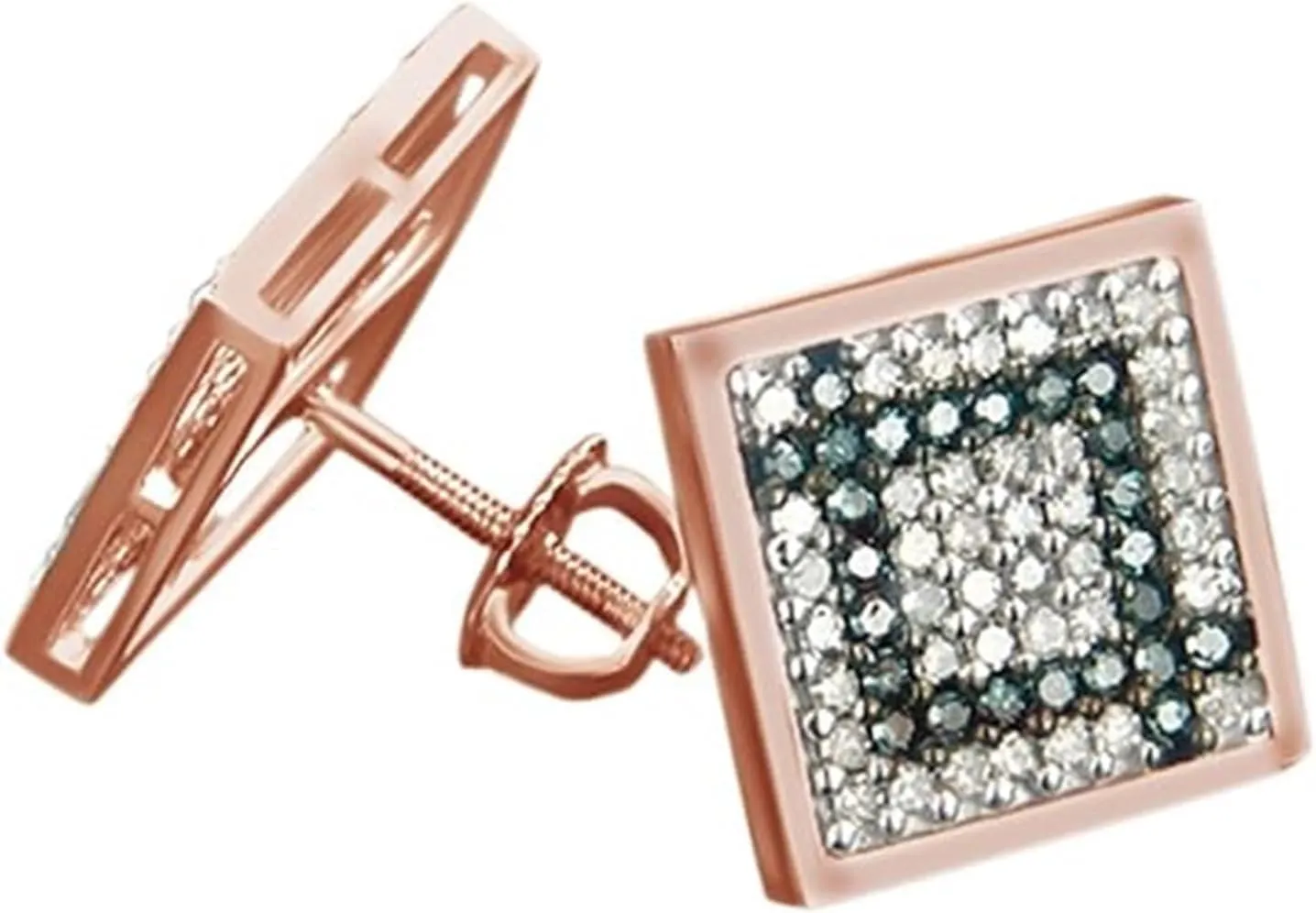 14K Rose Gold Over Round Cut Simulated Blue & Diamond 925 Sterling Silver Diamond Square Frame Women's Stud Earring