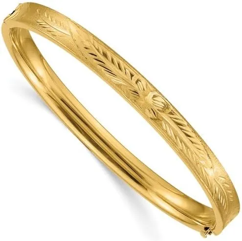 14K Yellow Gold Diamond-Cut Floral Bangle Bracelet - 7 Inch Hinged Design with Box Catch & Safety Bar, Women's