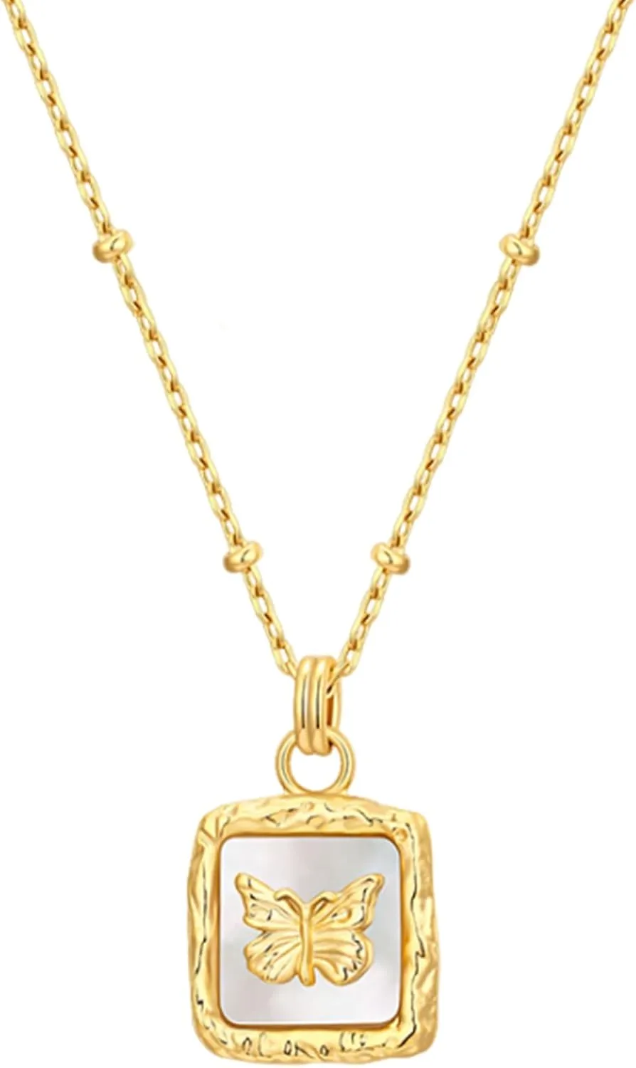 18K Gold Plated Dainty Butterfly Necklaces for Women Trendy Cute Mother of Pearl Shell Square Pendant Necklace, Jewelry Rose Box Necklace Gifts for Her Woman Wife Mom
