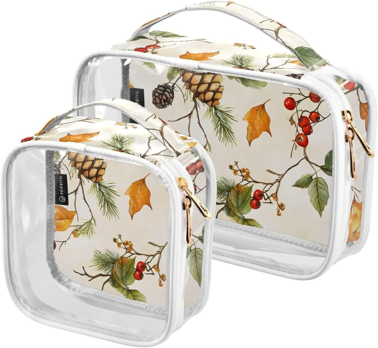 2 Pack Clear Makeup Bag, Autumn Leaves Pine Cones Cosmetic Organizer Waterproof Travel Toiletry Bags for Women Transparent Handbag Purse