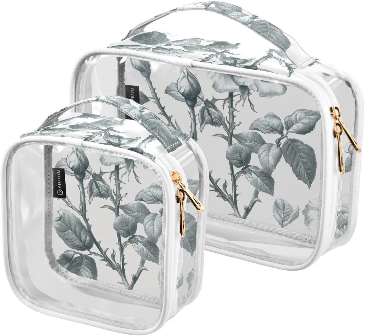 2 Pack Clear Makeup Bag, Black Grey Leaves Flower Cosmetic Organizer Waterproof Travel Toiletry Bags for Women Transparent Handbag Purse