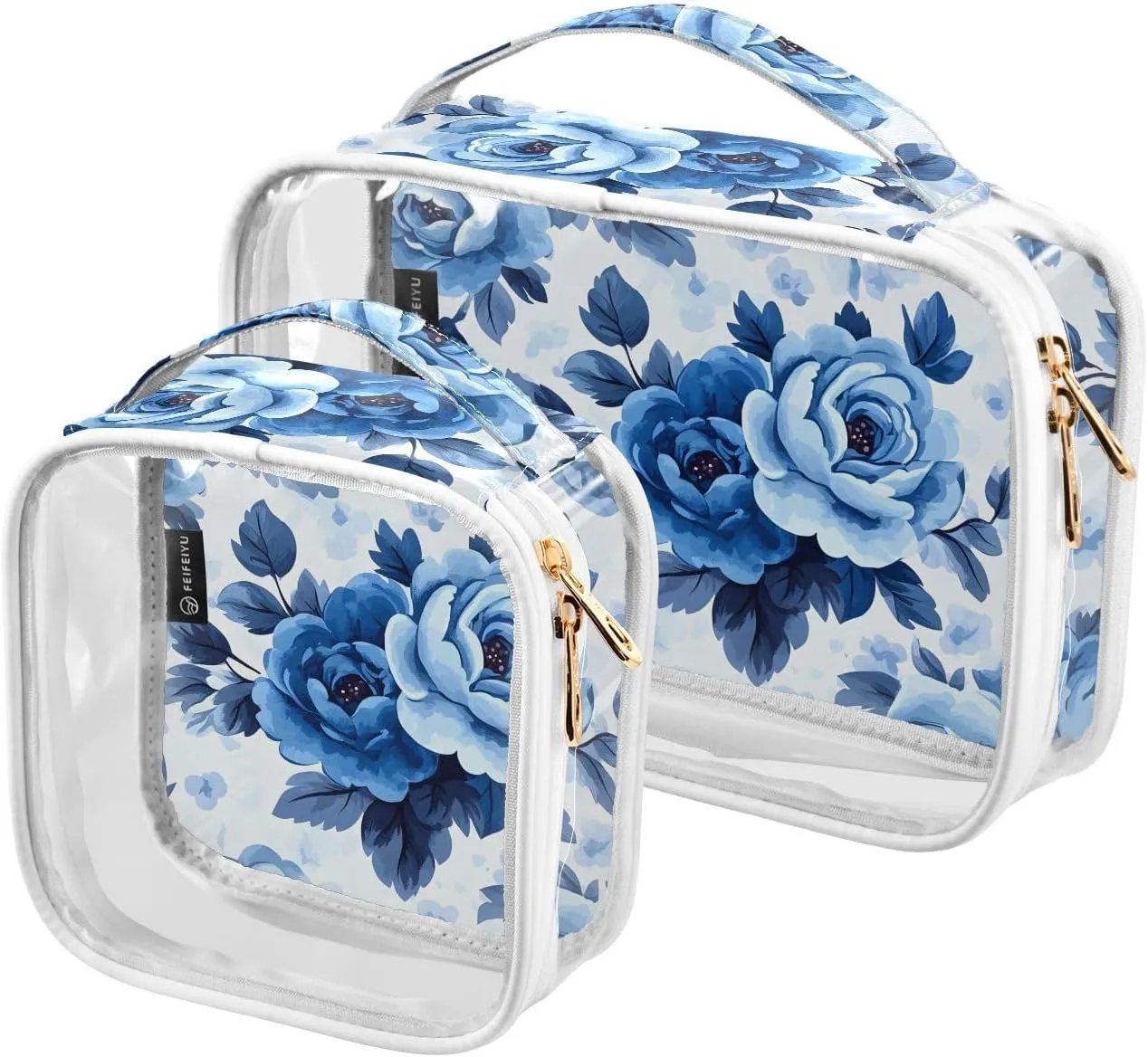 2 Pack Clear Makeup Bag, Blue Flower Patternrose Cosmetic Organizer Waterproof Travel Toiletry Bags for Women Transparent Handbag Purse