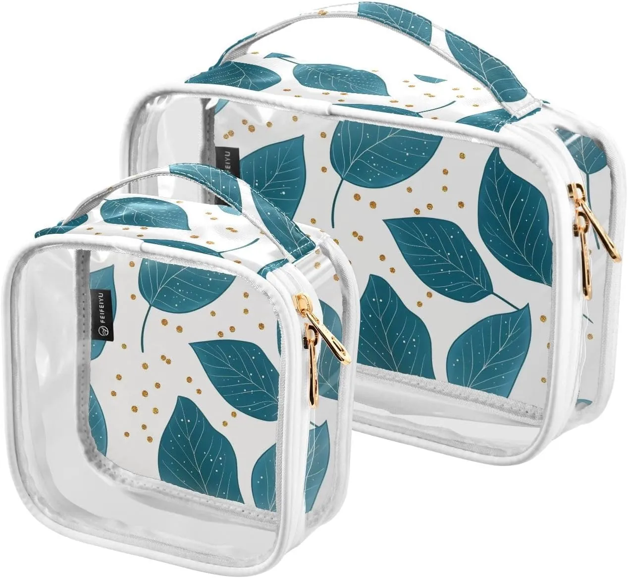 2 Pack Clear Makeup Bag, Blue Leaves and Dots Cosmetic Organizer Waterproof Travel Toiletry Bags for Women Transparent Handbag Purse