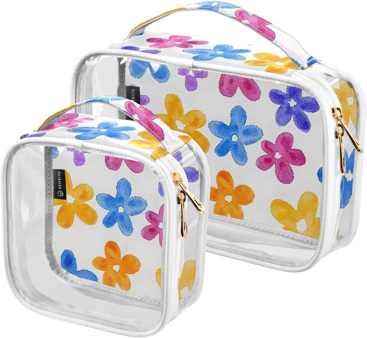 2 Pack Clear Makeup Bag, Blue Yellow Flower Pattern Cosmetic Organizer Waterproof Travel Toiletry Bags for Women Transparent Handbag Purse