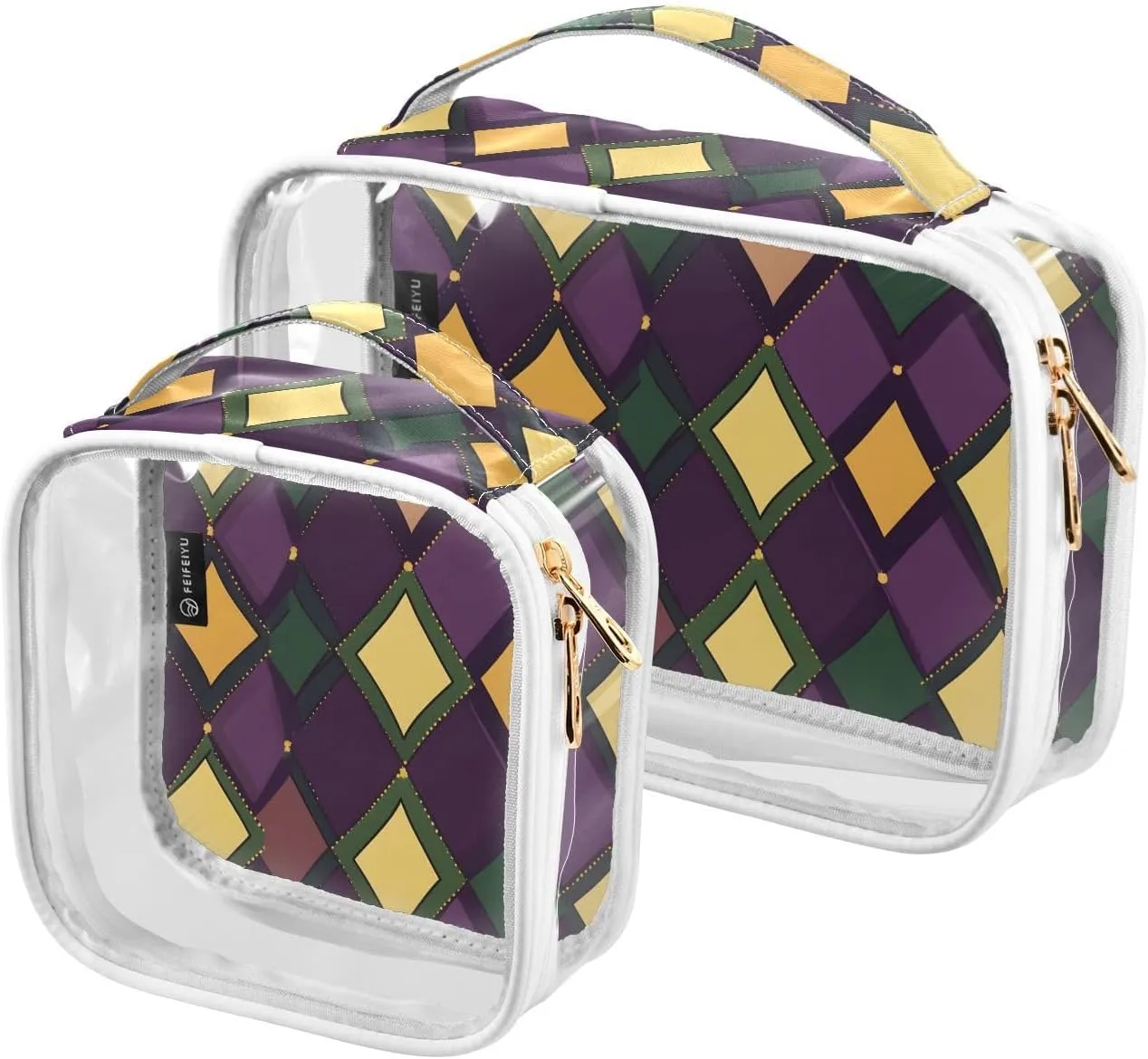 2 Pack Clear Makeup Bag, Checked Pattern Purple Yellow Cosmetic Organizer Waterproof Travel Toiletry Bags for Women Transparent Handbag Purse