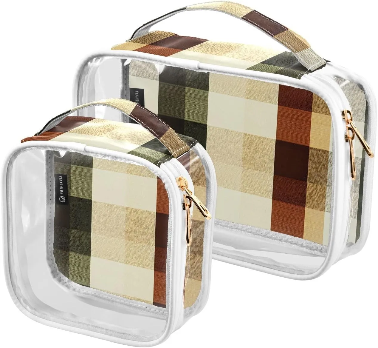 2 Pack Clear Makeup Bag, Earth Tone Plaid Pattern Cosmetic Organizer Waterproof Travel Toiletry Bags for Women Transparent Handbag Purse