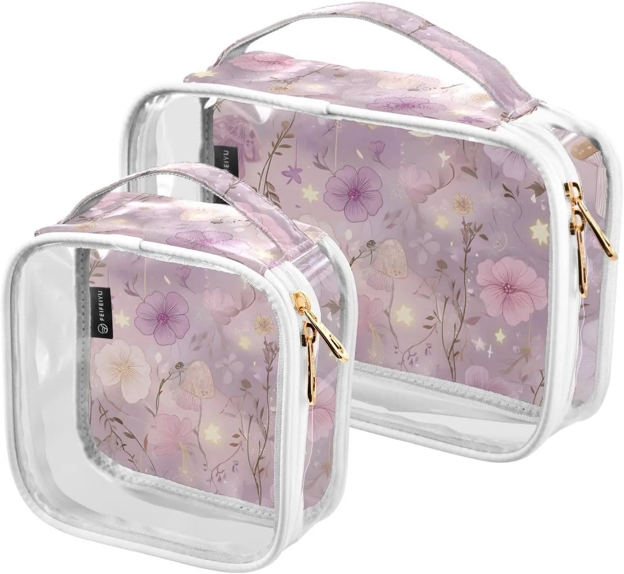 2 Pack Clear Makeup Bag, Elegant Purple Flowers Pattern Cosmetic Organizer Waterproof Travel Toiletry Bags for Women Transparent Handbag Purse