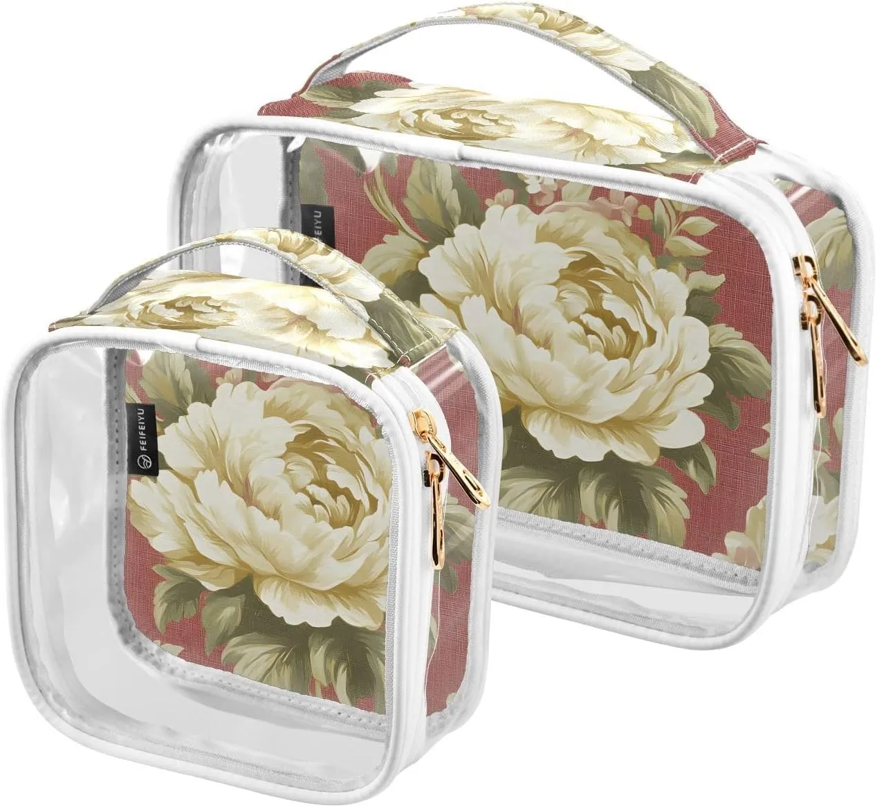 2 Pack Clear Makeup Bag, Flower Abstract Leaves White Pattern Cosmetic Organizer Waterproof Travel Toiletry Bags for Women Transparent Handbag Purse