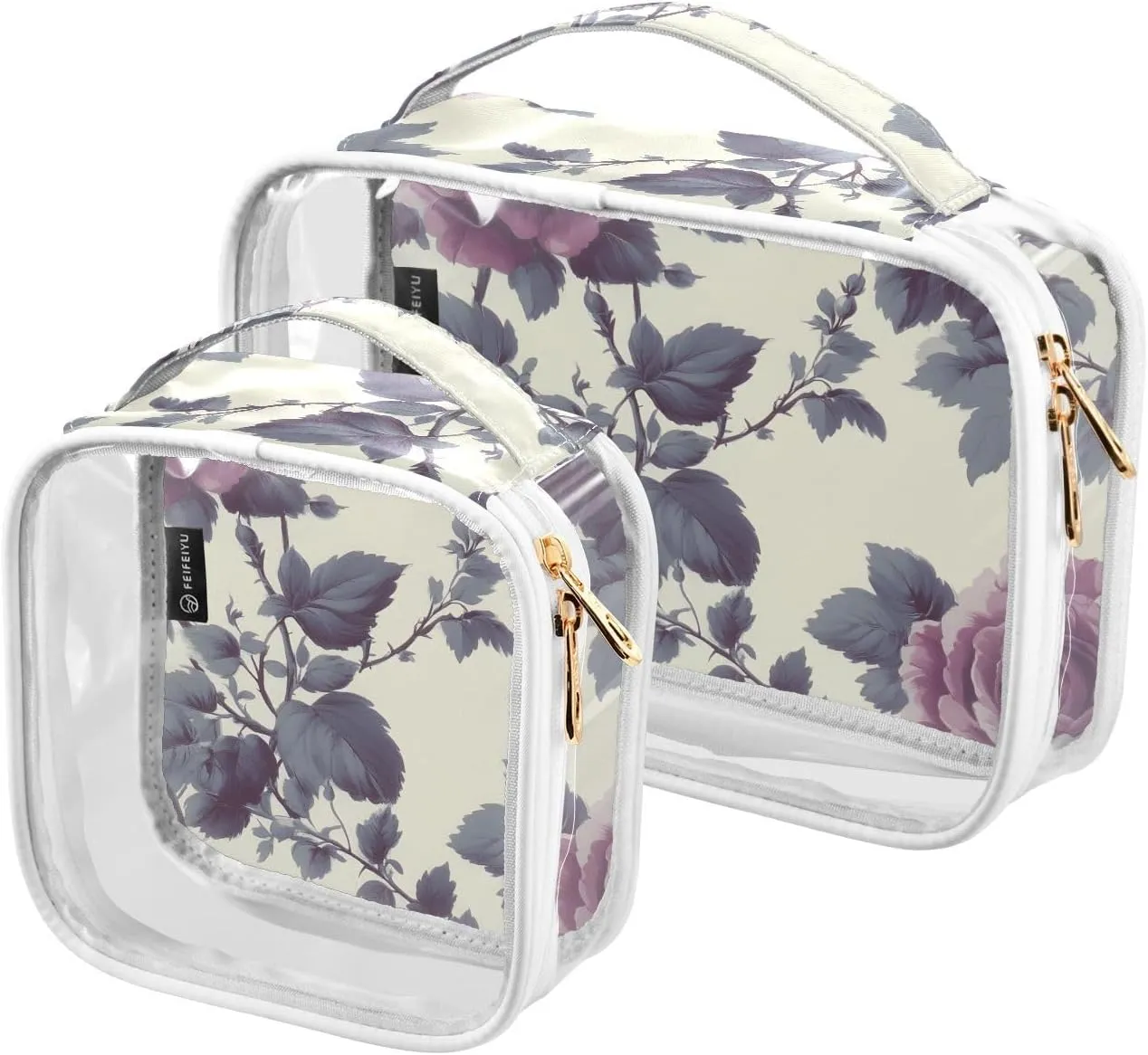 2 Pack Clear Makeup Bag, Flower Dark Purple Leaves Pattern Cosmetic Organizer Waterproof Travel Toiletry Bags for Women Transparent Handbag Purse