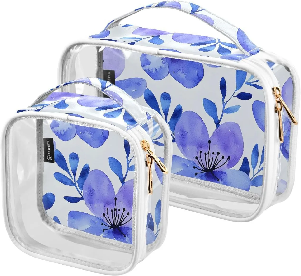 2 Pack Clear Makeup Bag, Flower Leaves Blue Purple Pattern Cosmetic Organizer Waterproof Travel Toiletry Bags for Women Transparent Handbag Purse