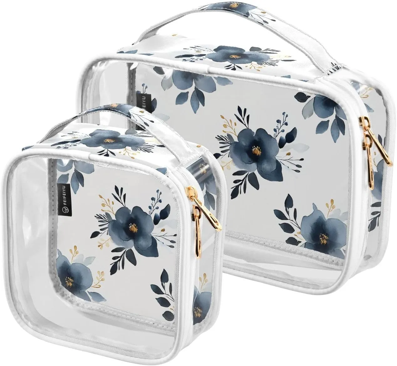 2 Pack Clear Makeup Bag, Flower Leaves Hs Pattern Cosmetic Organizer Waterproof Travel Toiletry Bags for Women Transparent Handbag Purse