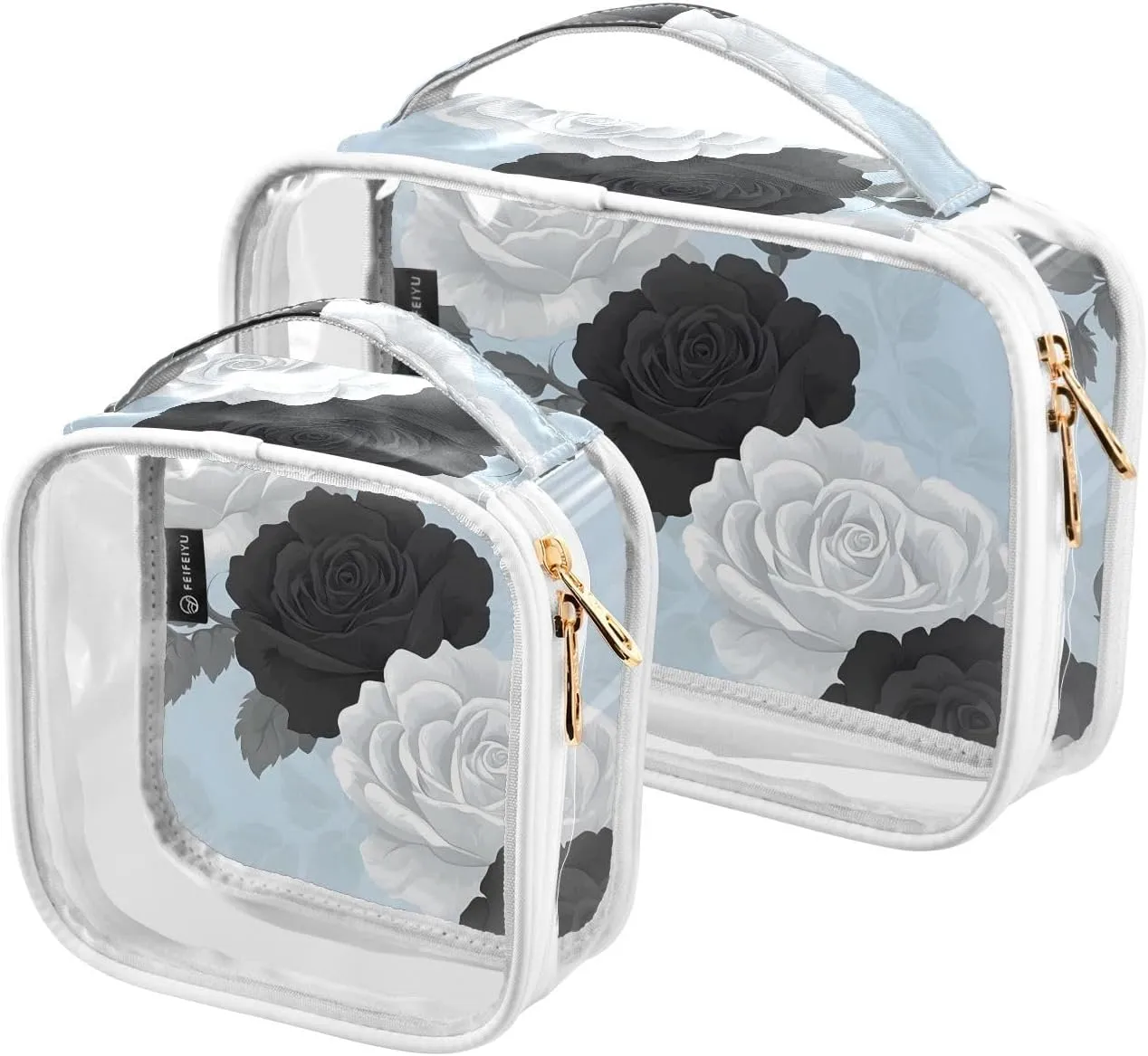 2 Pack Clear Makeup Bag, Flower White Black Pattern Leaves Cosmetic Organizer Waterproof Travel Toiletry Bags for Women Transparent Handbag Purse