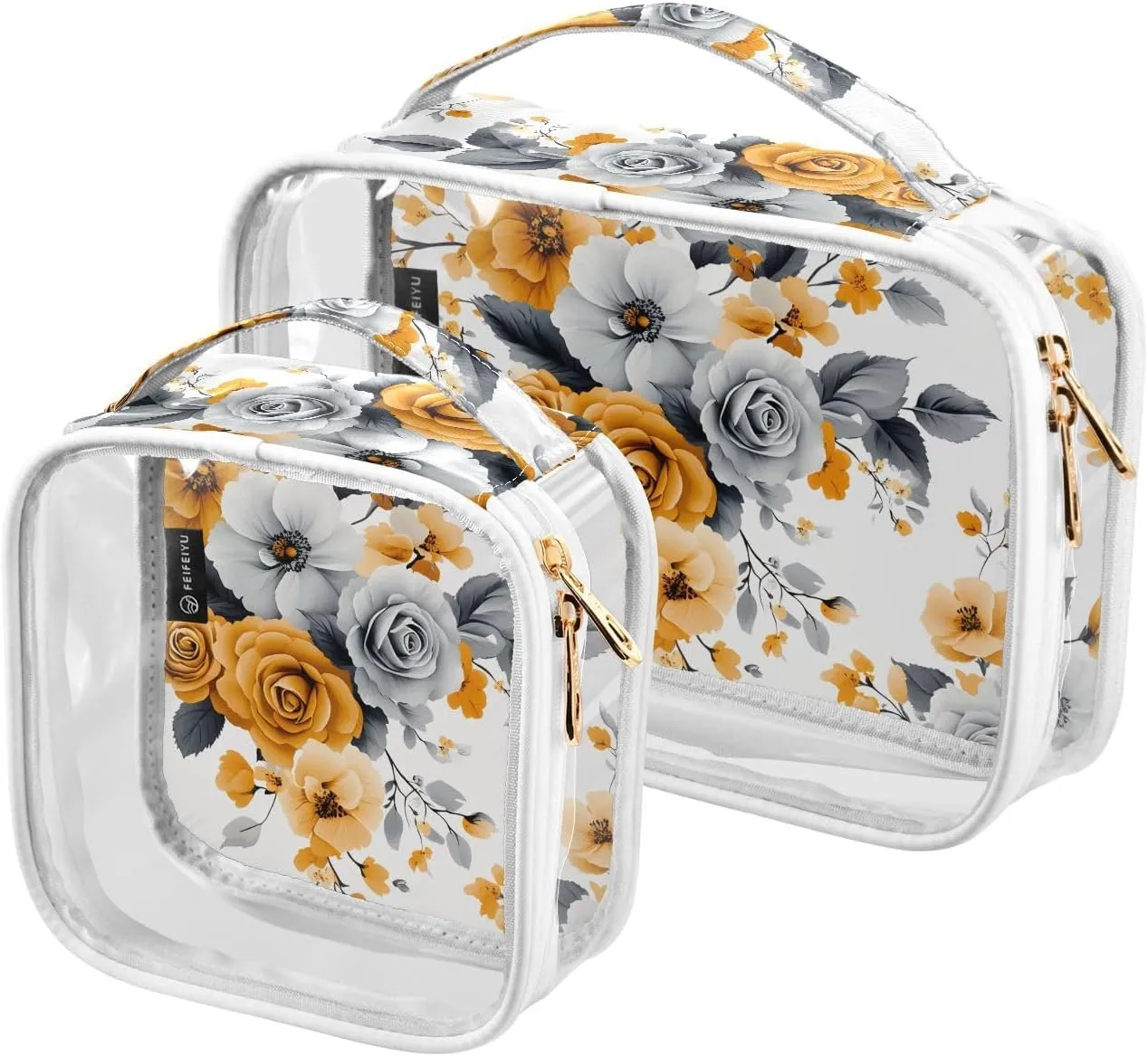2 Pack Clear Makeup Bag, Flower Yellow Pattern Grey Leaves Cosmetic Organizer Waterproof Travel Toiletry Bags for Women Transparent Handbag Purse