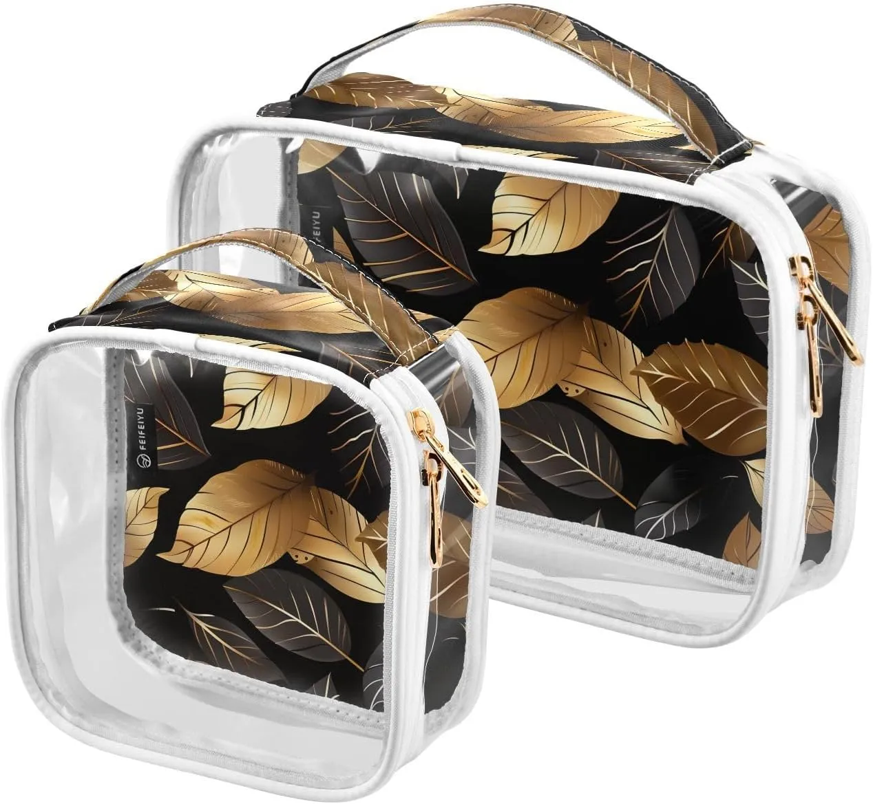 2 Pack Clear Makeup Bag, Golden Leaves and Blcak Leaf Cosmetic Organizer Waterproof Travel Toiletry Bags for Women Transparent Handbag Purse
