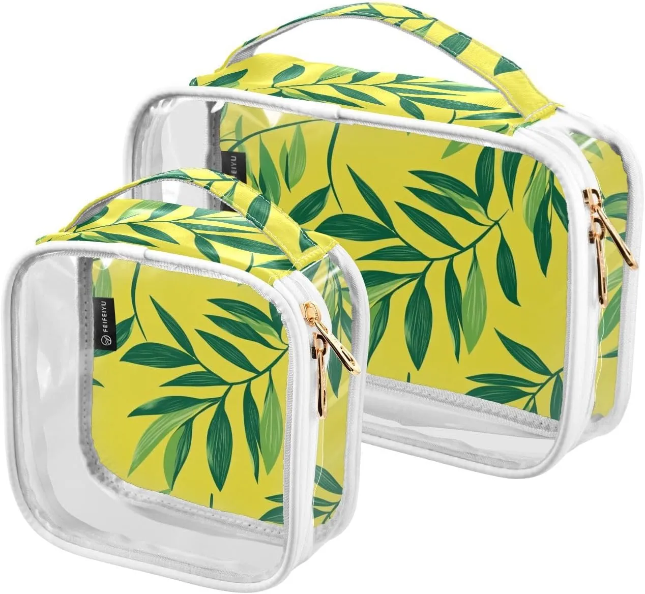 2 Pack Clear Makeup Bag, Green Leaves Yellow Cosmetic Organizer Waterproof Travel Toiletry Bags for Women Transparent Handbag Purse