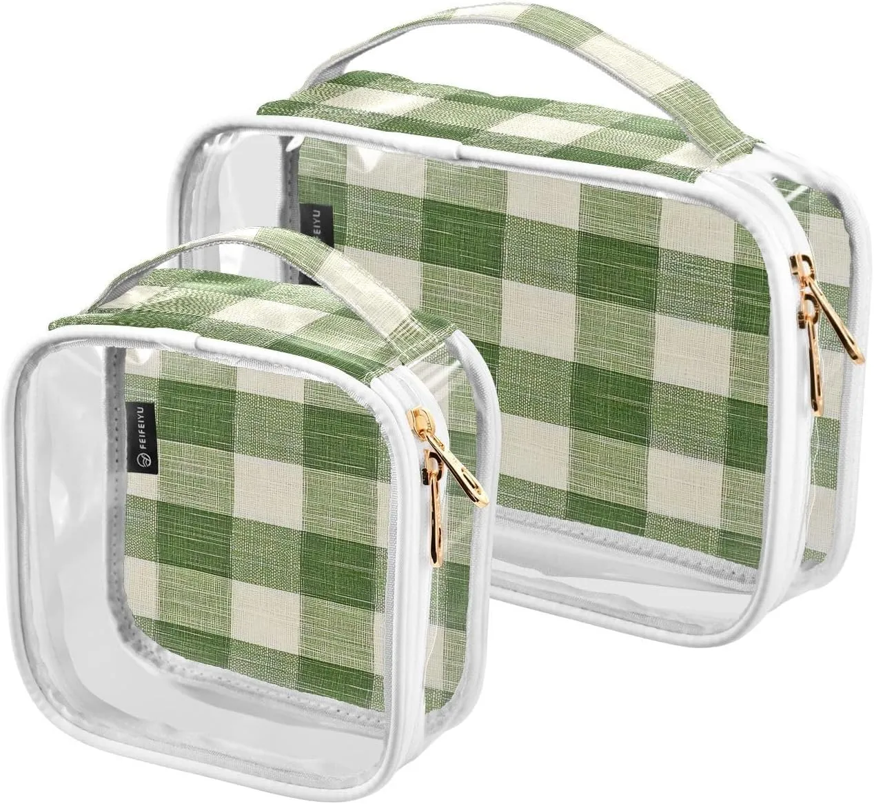 2 Pack Clear Makeup Bag, Green Rustic Gingham Pattern Cosmetic Organizer Waterproof Travel Toiletry Bags for Women Transparent Handbag Purse