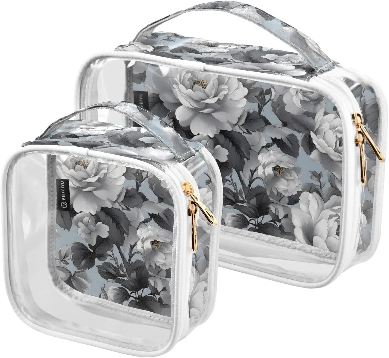 2 Pack Clear Makeup Bag, Grey Black Flower Pattern Cosmetic Organizer Waterproof Travel Toiletry Bags for Women Transparent Handbag Purse