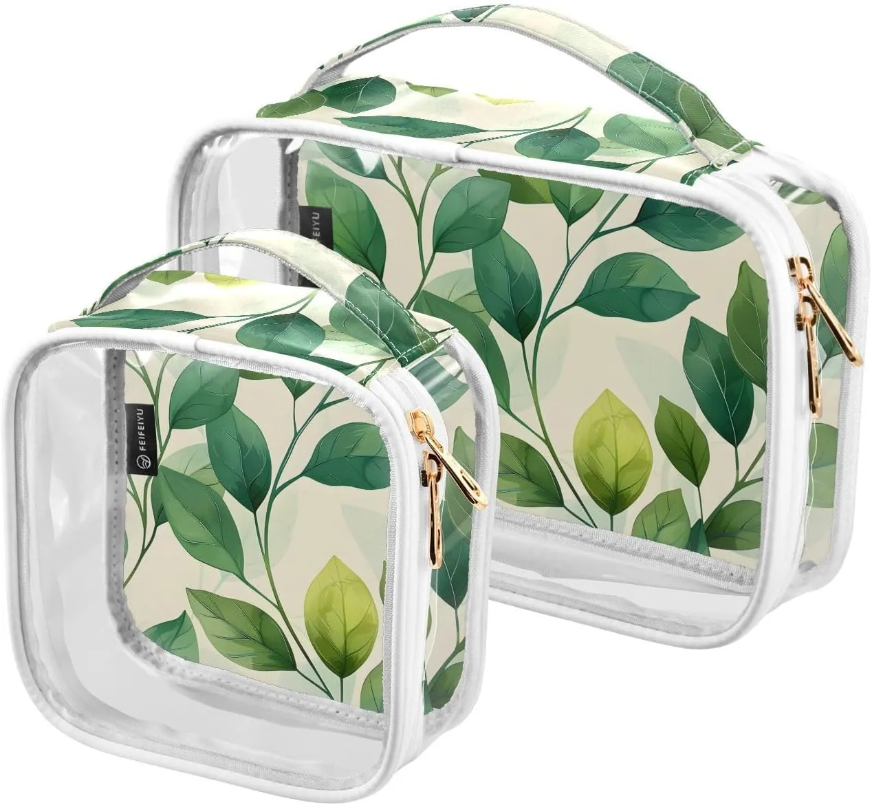 2 Pack Clear Makeup Bag, Leaves Pattern Green Cosmetic Organizer Waterproof Travel Toiletry Bags for Women Transparent Handbag Purse