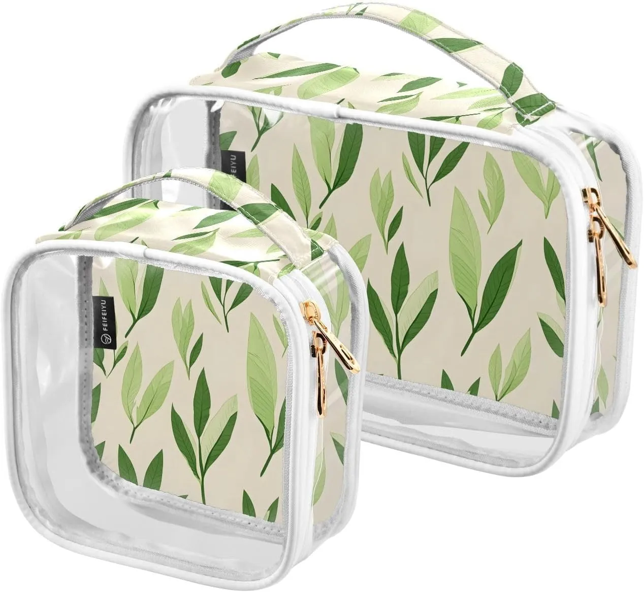 2 Pack Clear Makeup Bag, Leaves Pattern Green Plants Cosmetic Organizer Waterproof Travel Toiletry Bags for Women Transparent Handbag Purse