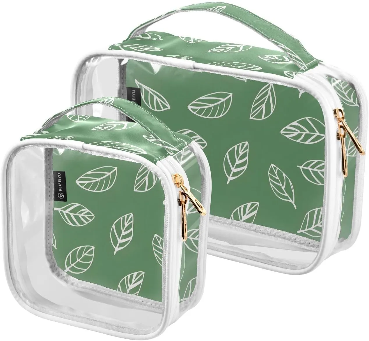 2 Pack Clear Makeup Bag, Leaves White Lines Green Cosmetic Organizer Waterproof Travel Toiletry Bags for Women Transparent Handbag Purse