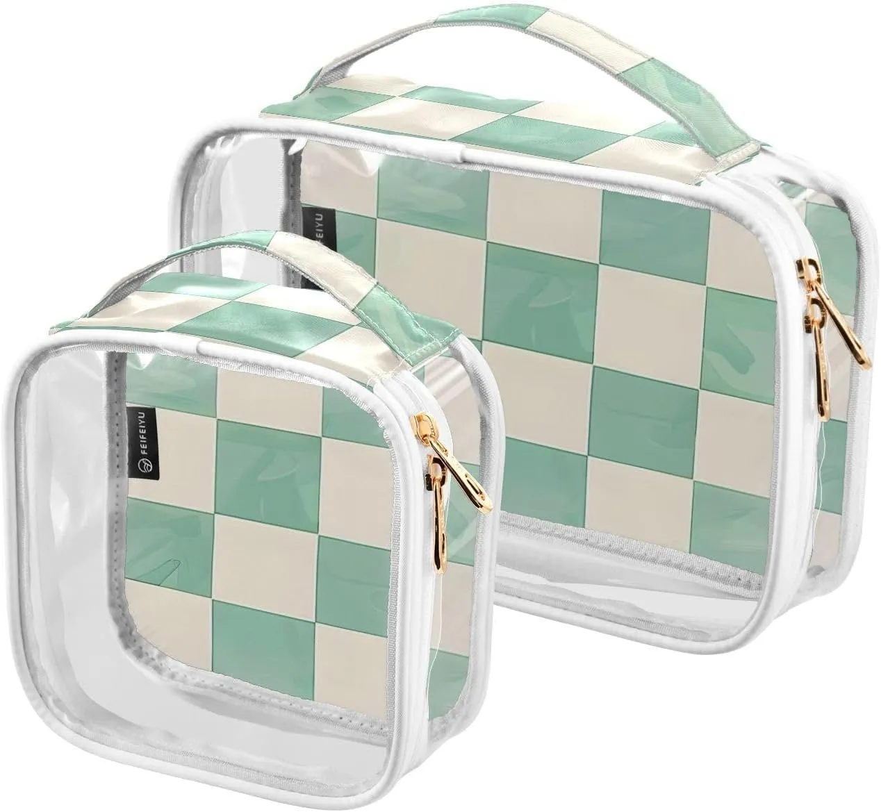 2 Pack Clear Makeup Bag, Mint and Cream Checkerboard Design Cosmetic Organizer Waterproof Travel Toiletry Bags for Women Transparent Handbag Purse