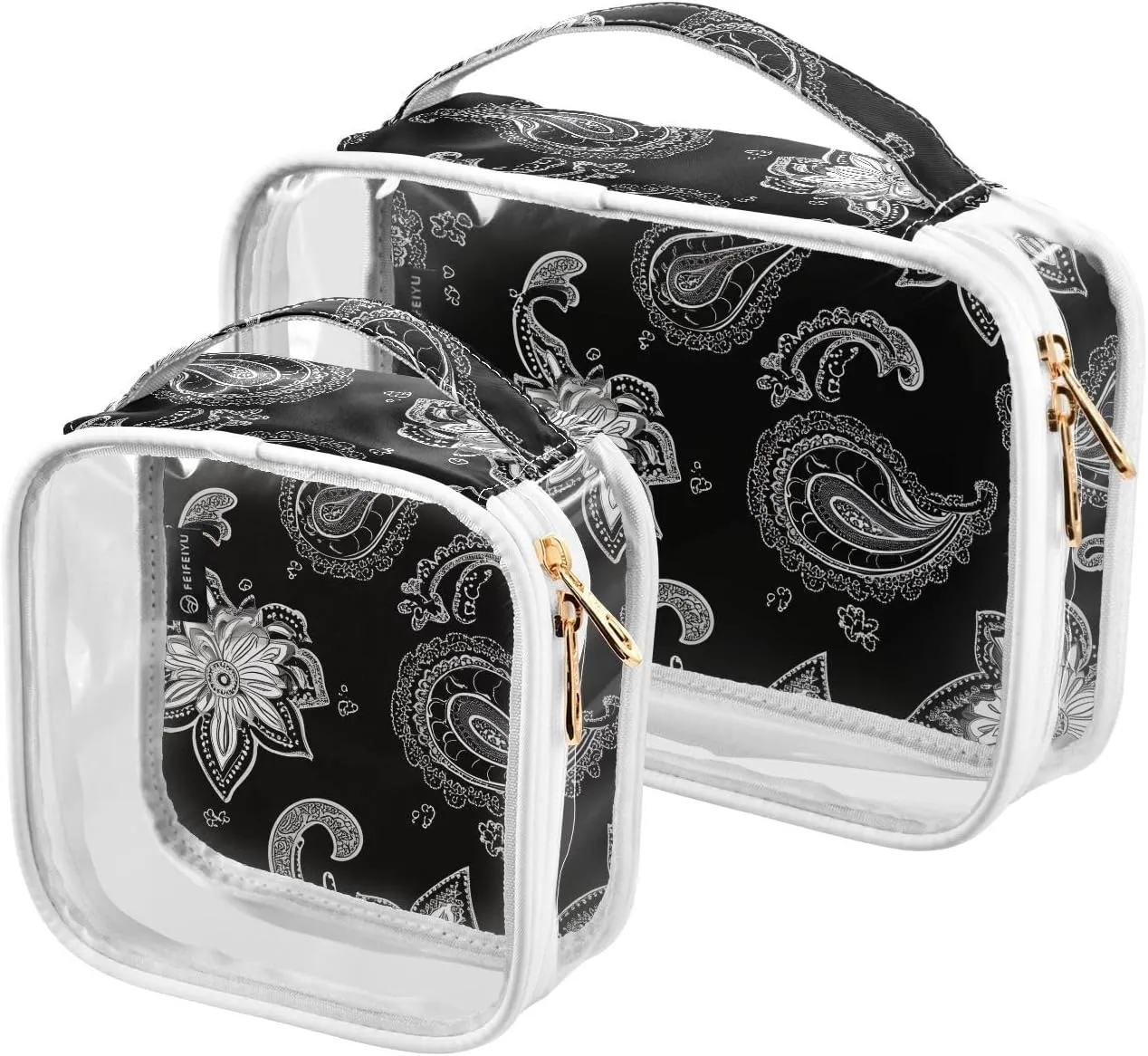 2 Pack Clear Makeup Bag, Paisley Floral White Black Cosmetic Organizer Waterproof Travel Toiletry Bags for Women Transparent Handbag Purse