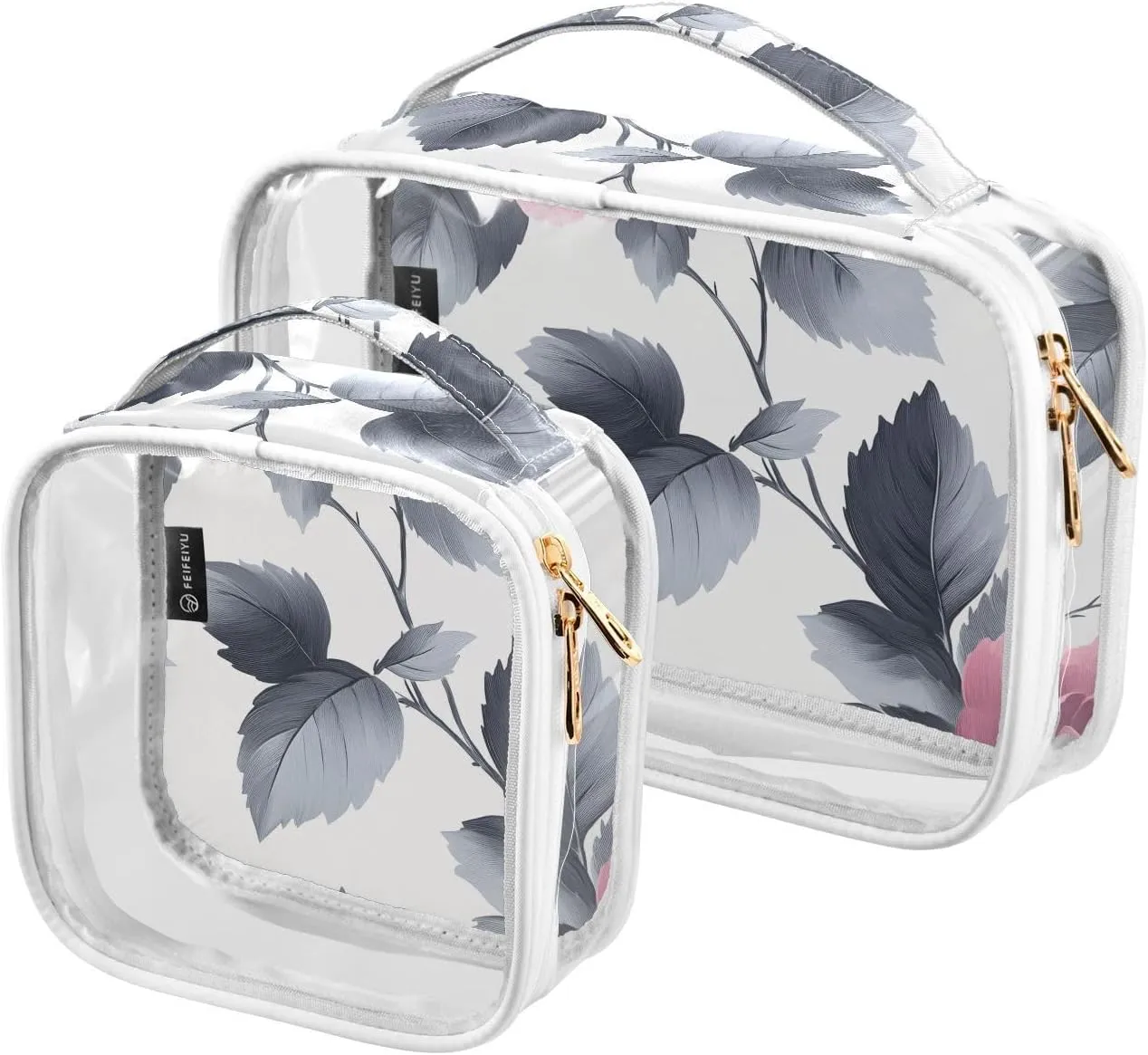 2 Pack Clear Makeup Bag, Pink Flower Grey Leaves Pattern Cosmetic Organizer Waterproof Travel Toiletry Bags for Women Transparent Handbag Purse