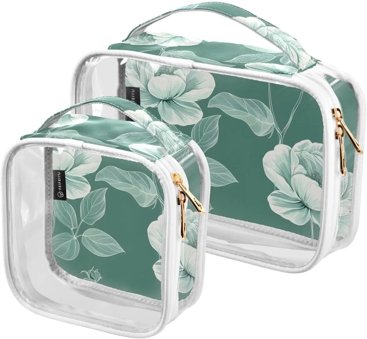 2 Pack Clear Makeup Bag, Plane Leaves Flower White Green Cosmetic Organizer Waterproof Travel Toiletry Bags for Women Transparent Handbag Purse