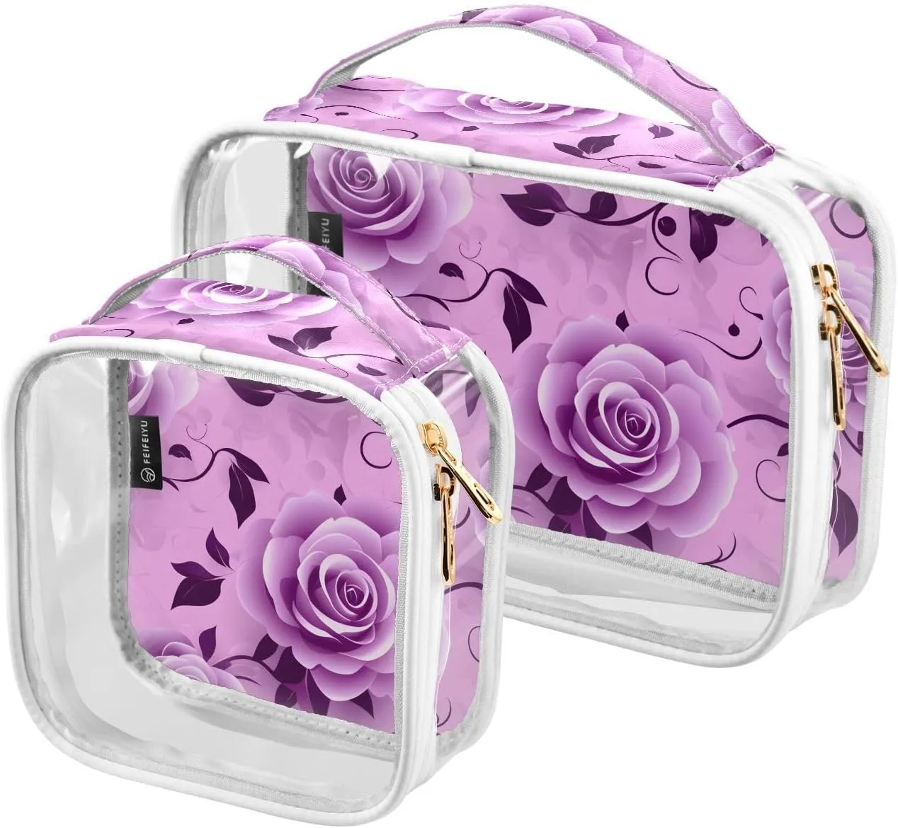 2 Pack Clear Makeup Bag, Purple Flower Leaves Pattern Cosmetic Organizer Waterproof Travel Toiletry Bags for Women Transparent Handbag Purse