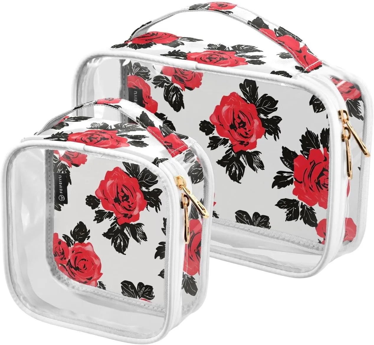 2 Pack Clear Makeup Bag, Rose Flower White Red Leaves Pattern Cosmetic Organizer Waterproof Travel Toiletry Bags for Women Transparent Handbag Purse