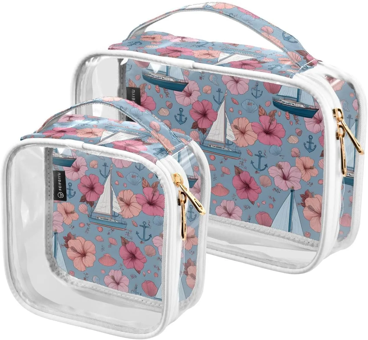 2 Pack Clear Makeup Bag, Sailboat Shellfish Flower Pattern Pink Cosmetic Organizer Waterproof Travel Toiletry Bags for Women Transparent Handbag Purse