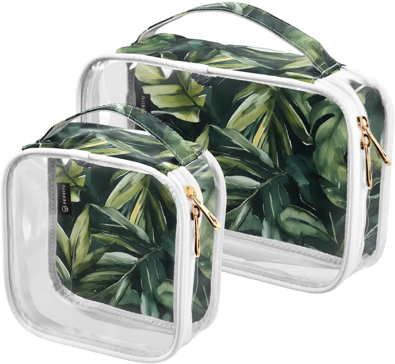 2 Pack Clear Makeup Bag, Watercolor Bird Paradise Green Leaves Pattern Cosmetic Organizer Waterproof Travel Toiletry Bags for Women Transparent Handbag Purse