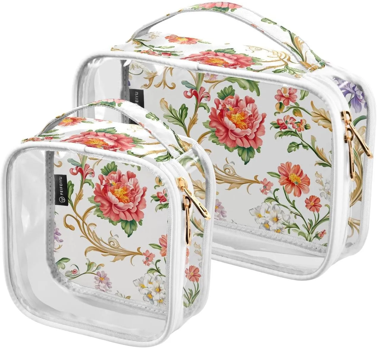 2 Pack Clear Makeup Bag, White Colorful Flowers Pattern Cosmetic Organizer Waterproof Travel Toiletry Bags for Women Transparent Handbag Purse