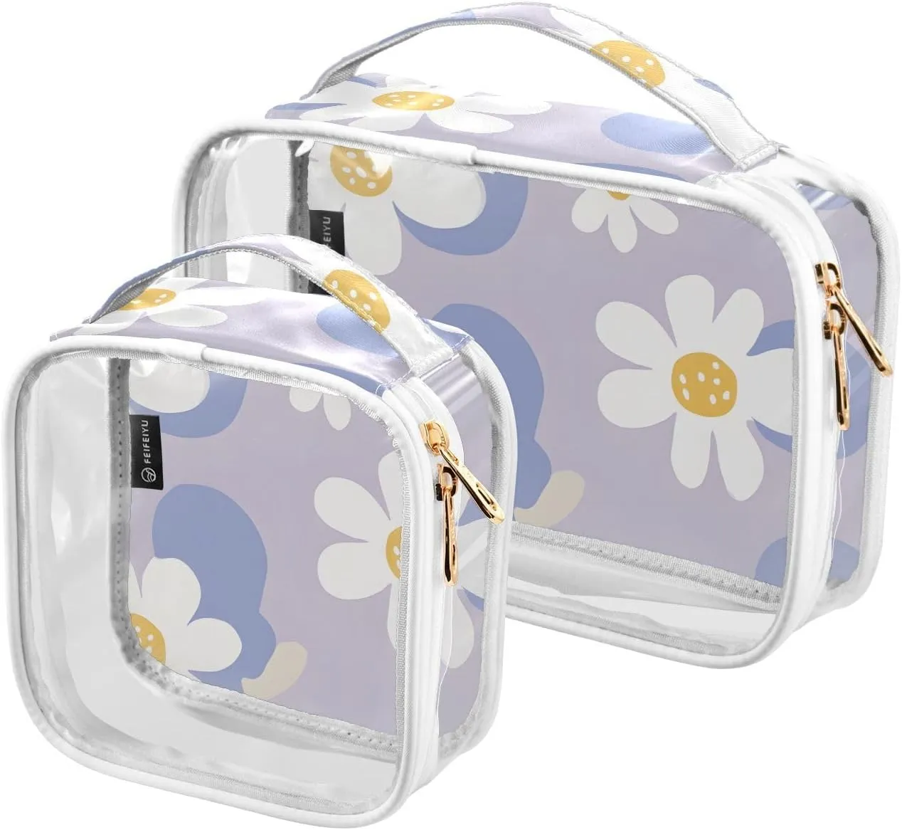 2 Pack Clear Makeup Bag, White Flower Pattern Purple Cosmetic Organizer Waterproof Travel Toiletry Bags for Women Transparent Handbag Purse