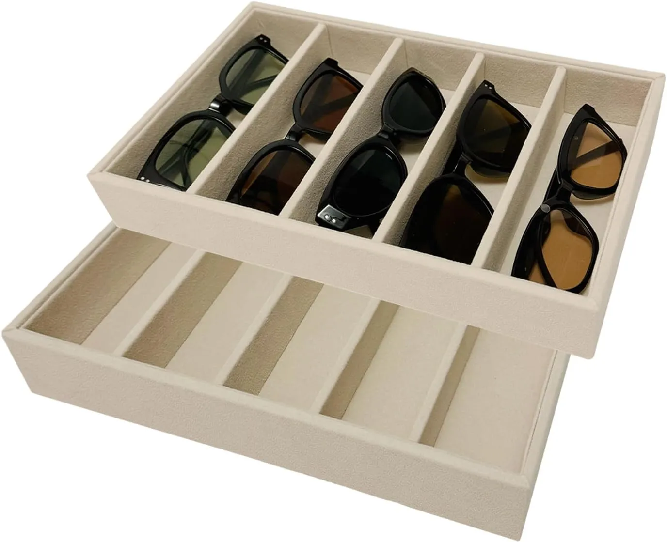 2 Pieces Velvet Jewelry and Eyeglasses Organizer Trays,5 Adjustable Spaces of Each,Thickened Frame,Stackable Storage Trays,Display Necklaces,Earrings,Bracelets,Watches,Beige, GWT: 23.6 oz.