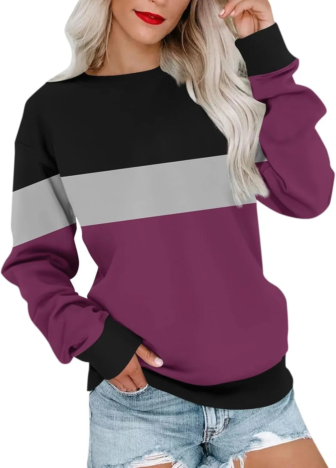 2024 Womens Oversized Graphic Crewneck Sweatshirt Long Sleeve Color Block Pullover Tops Casual Loose Shirt Fashion