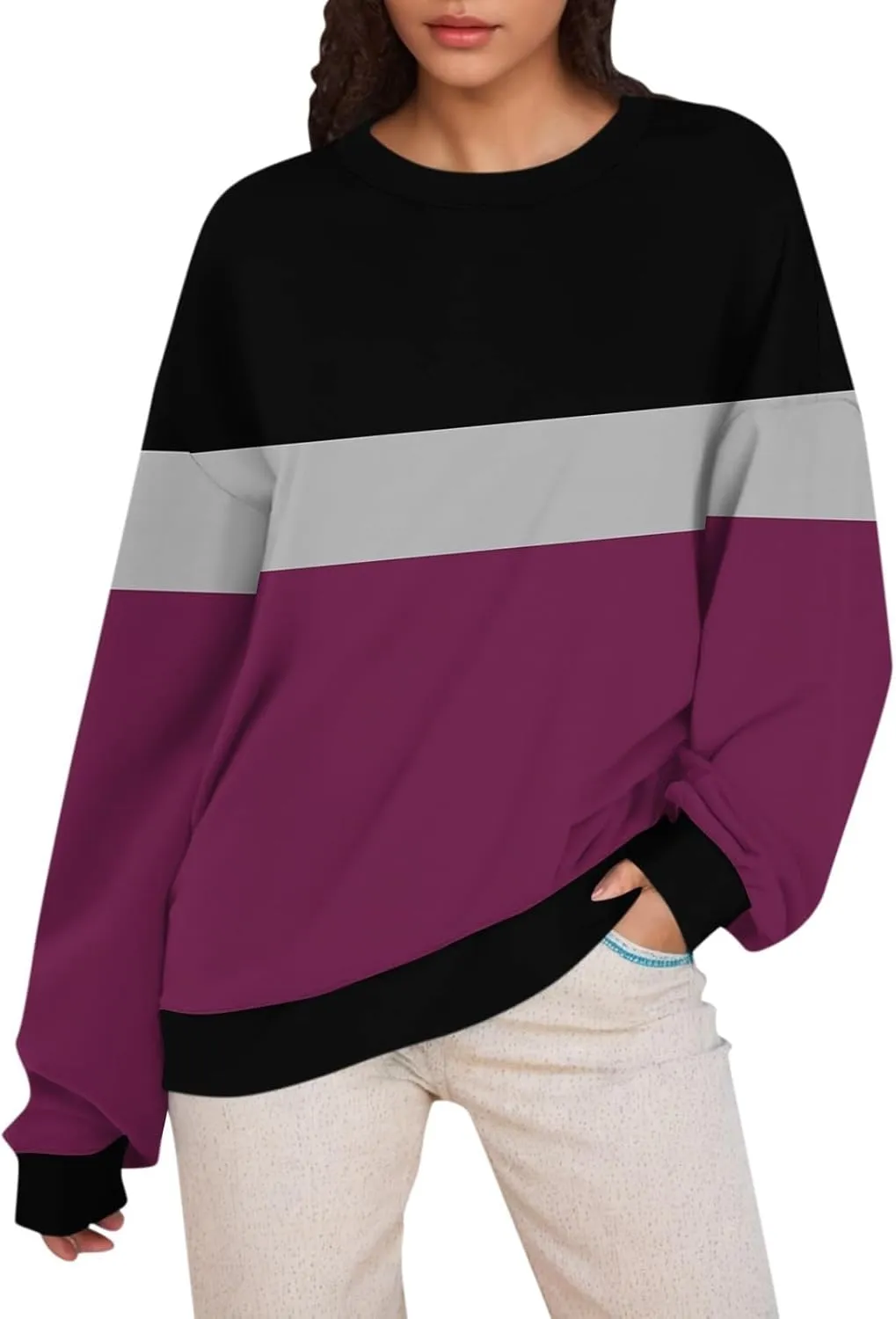 2024 Womens Oversized Graphic Crewneck Sweatshirt Long Sleeve Color Block Pullover Tops Casual Loose Shirt Fashion