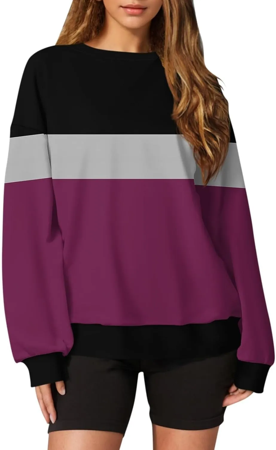 2024 Womens Oversized Graphic Crewneck Sweatshirt Long Sleeve Color Block Pullover Tops Casual Loose Shirt Fashion