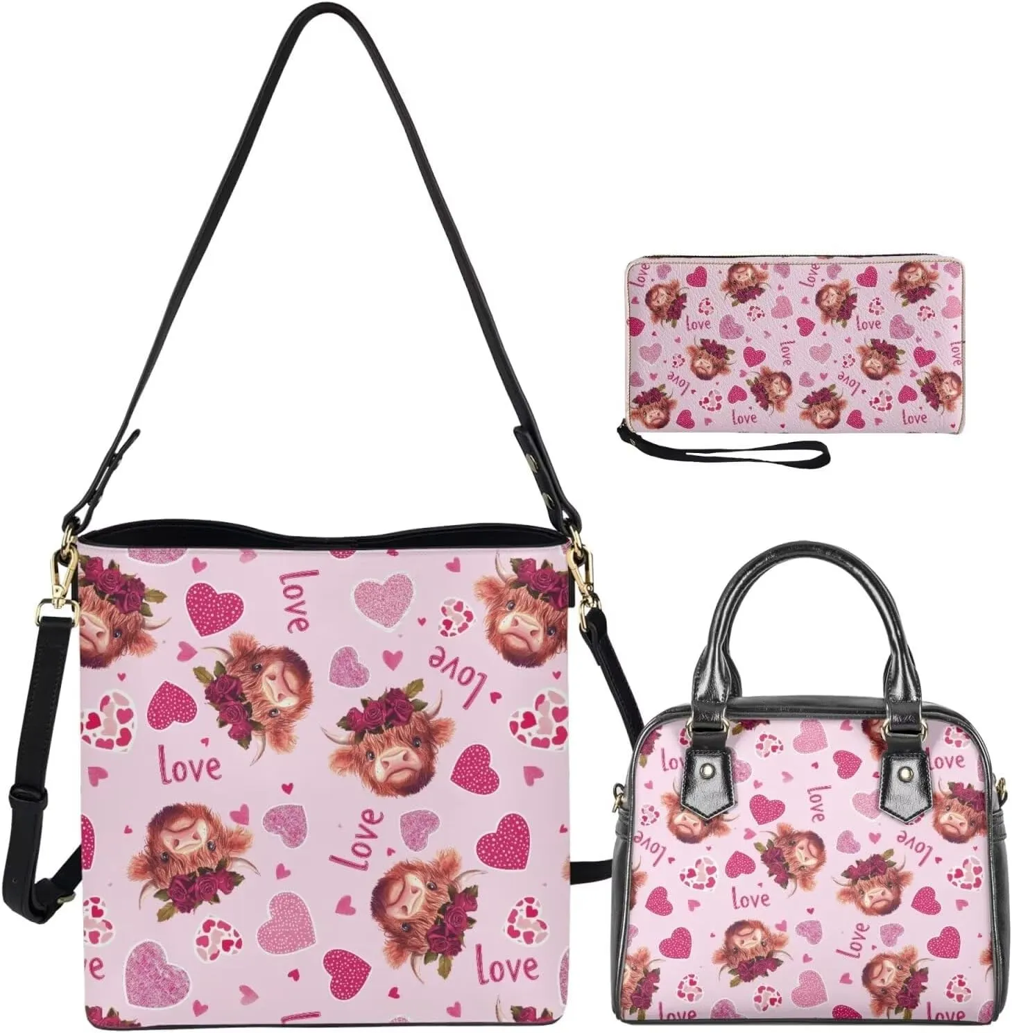 3 Piece Purse Sets for Women with Wallet Valentine's Day Satchel Tote Bags Leather Hobo Crossbody Bags
