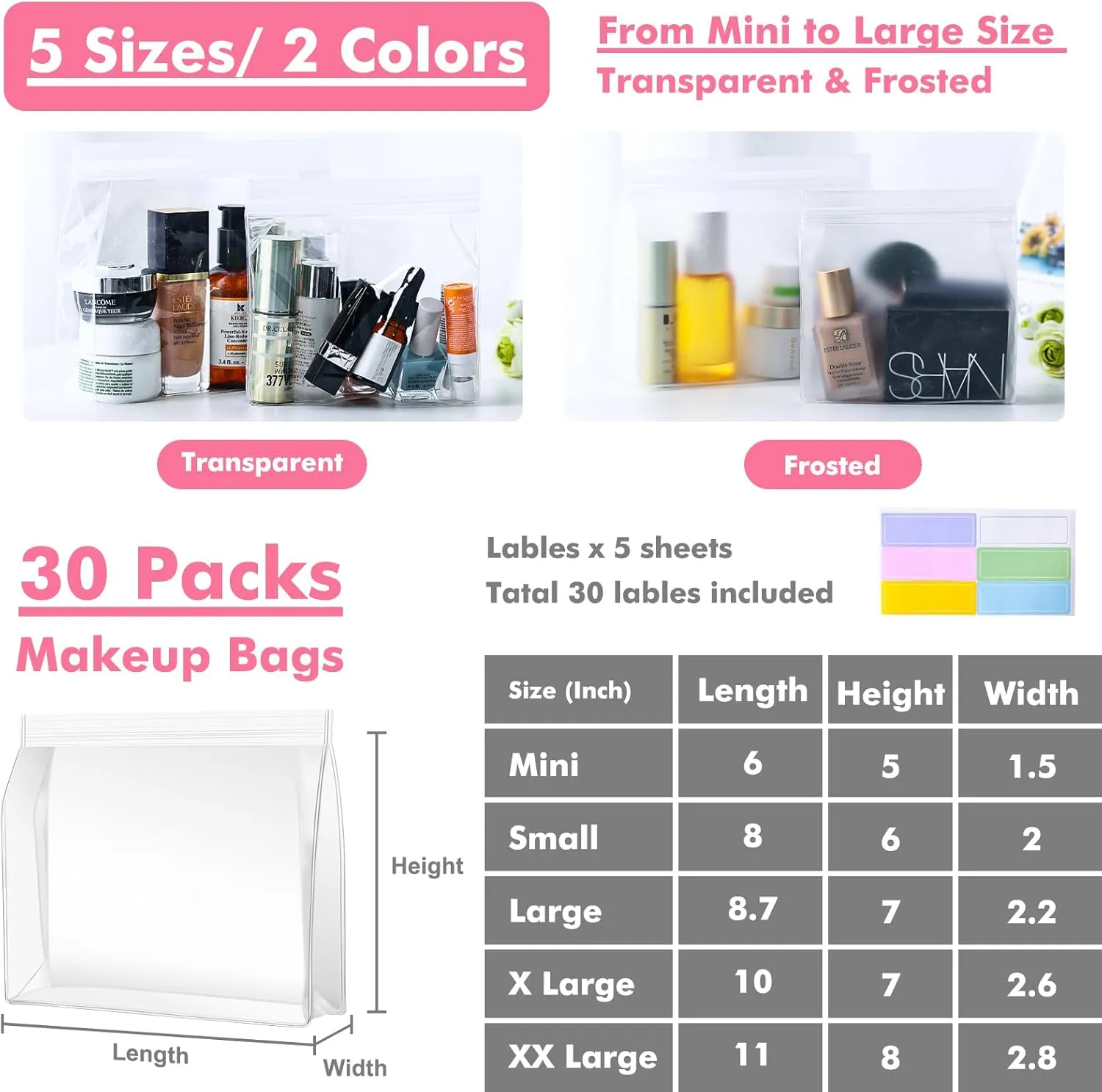 30 Pack Mini Clear Makeup Bag Organizer Cosmetic Zipper Pouch TSA Approved Small Travel Pouches for Toiletries Transparent EVA Reusable Waterproof Plastic Clear Gift Bags Bulk, Frosted, 8 x 6 x 2