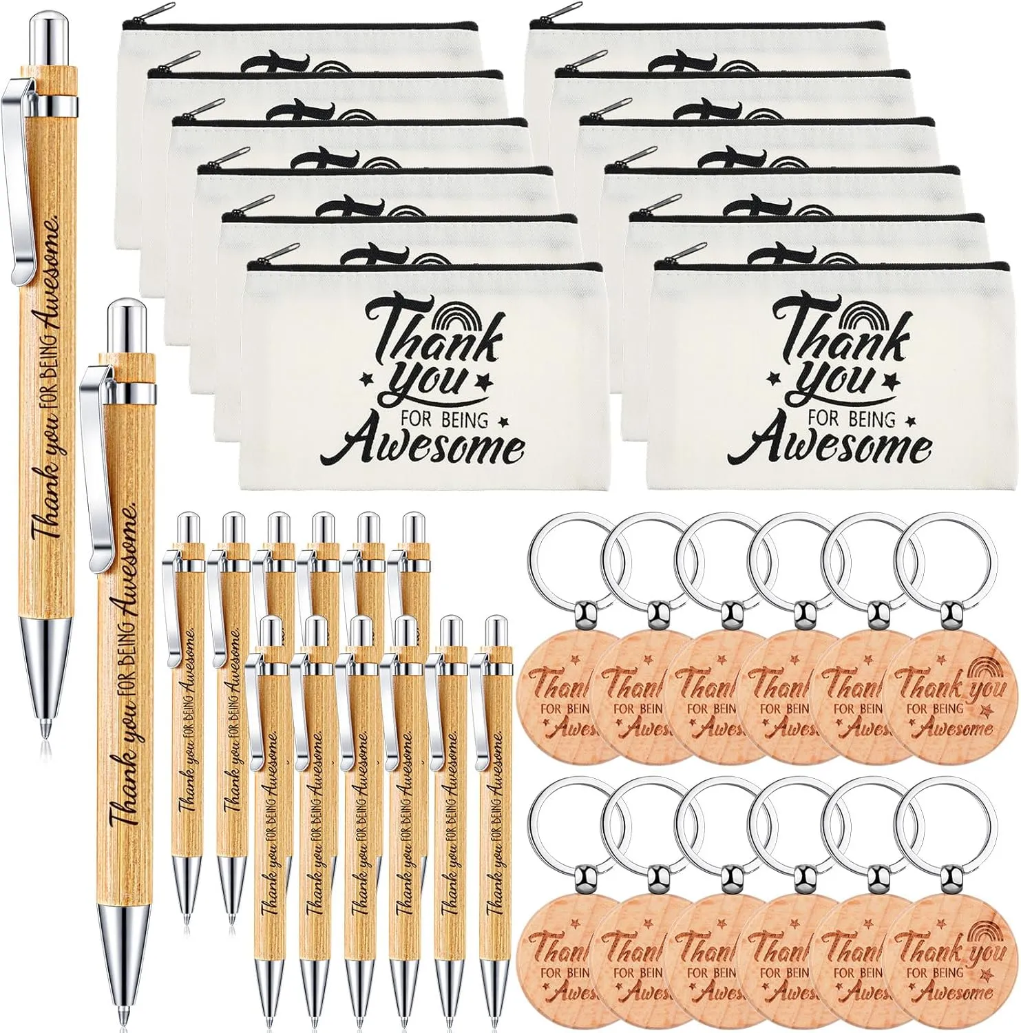 36 Pcs Employee Appreciation Gift Bulk Thank You Cosmetic Makeup Bag Wood Bamboo Inspirational Ballpoint Pen Keychain Appreciation Coworker Gift for Teacher Volunteer(Thank You for Being Awesome)