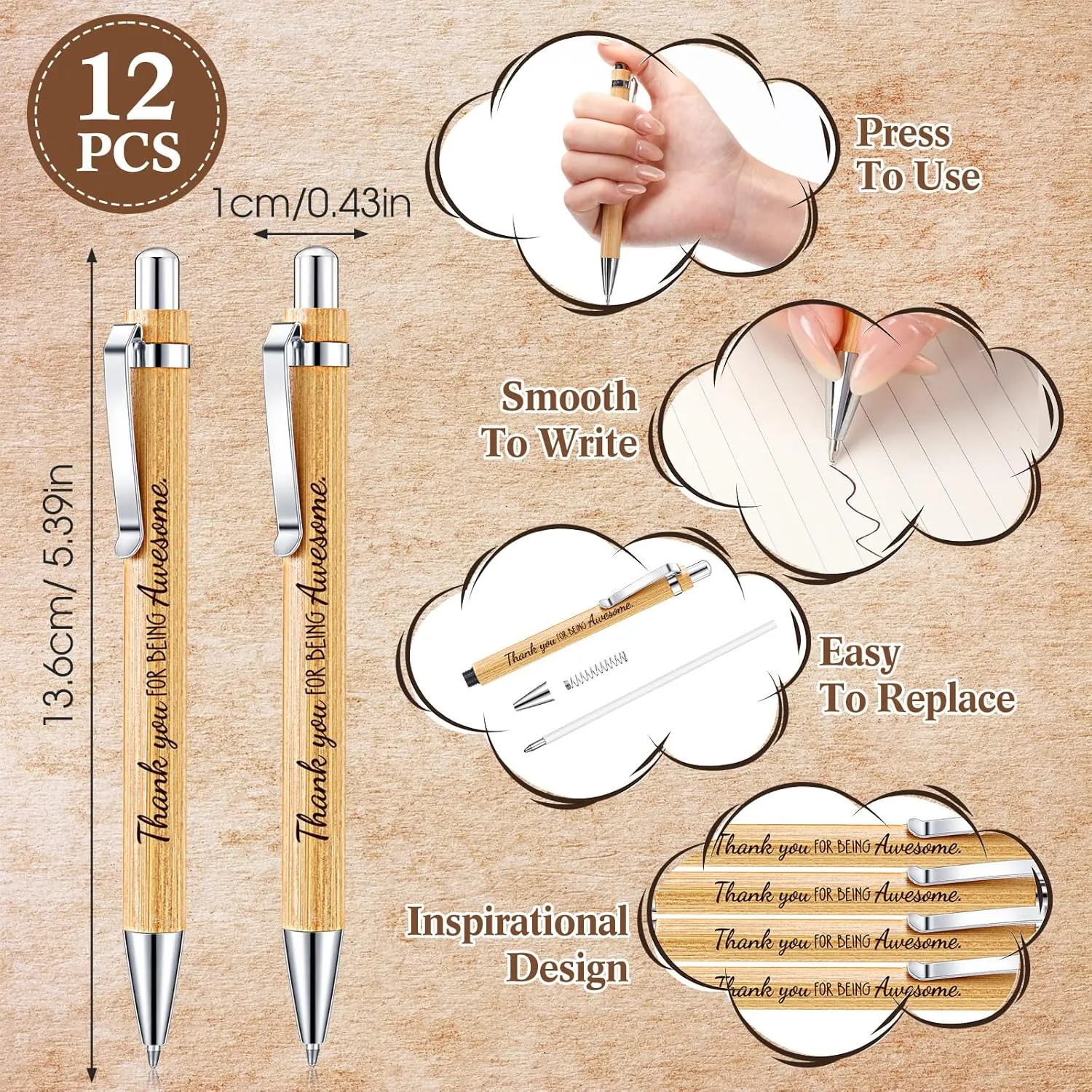 36 Pcs Employee Appreciation Gift Bulk Thank You Cosmetic Makeup Bag Wood Bamboo Inspirational Ballpoint Pen Keychain Appreciation Coworker Gift for Teacher Volunteer(Thank You for Being Awesome)