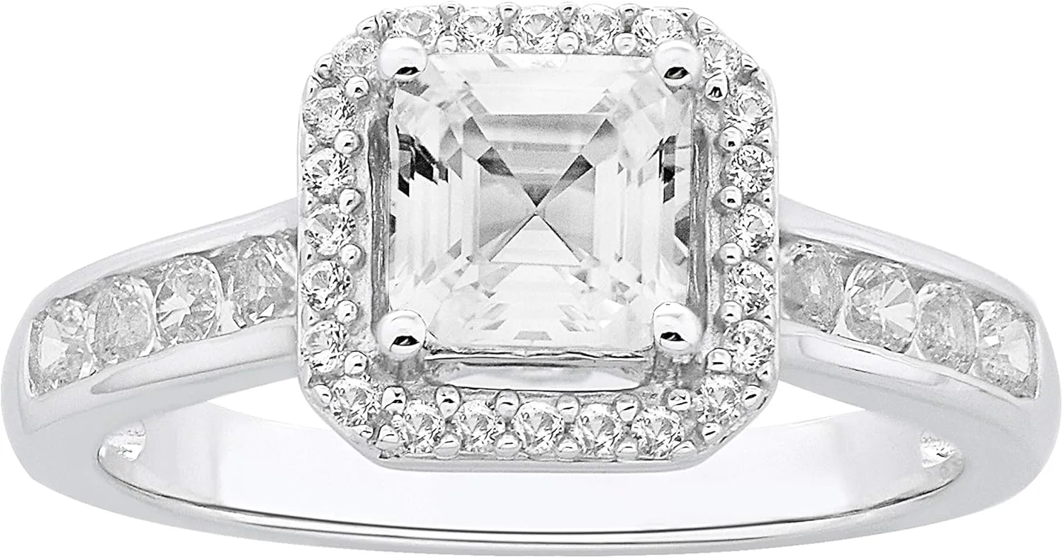 925 Sterling Silver Lab Square Emerald Cut Created White Sapphire Halo Engagement Ring