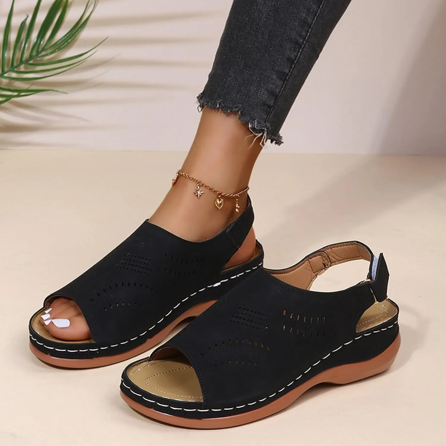 AMDBEL Summer Sandals for Women 2024 Trendy, Orthopedic Sandals for Women Ankle Strap Wedge Shoes Cutout Arch Support Slides