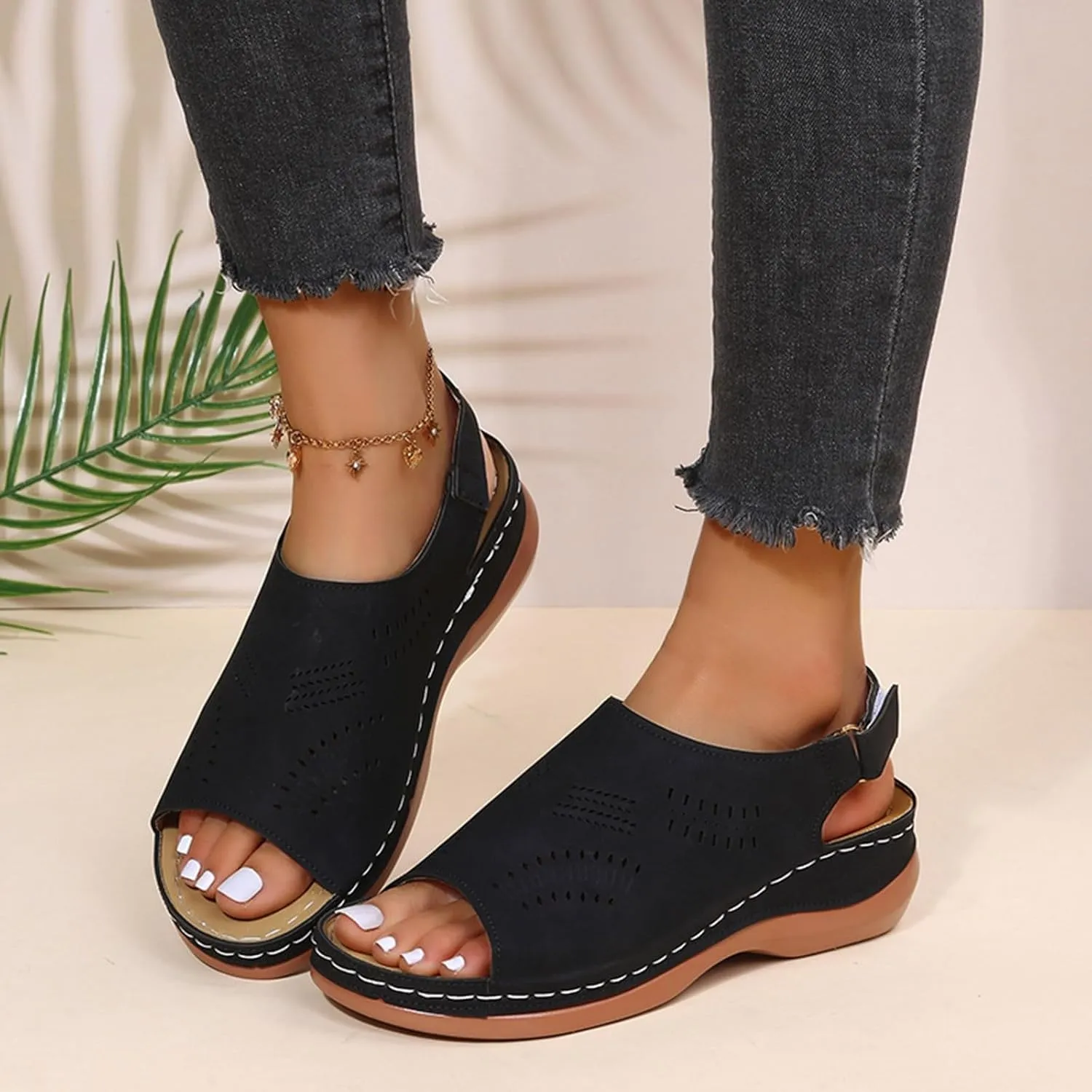 AMDBEL Summer Sandals for Women 2024 Trendy, Orthopedic Sandals for Women Ankle Strap Wedge Shoes Cutout Arch Support Slides