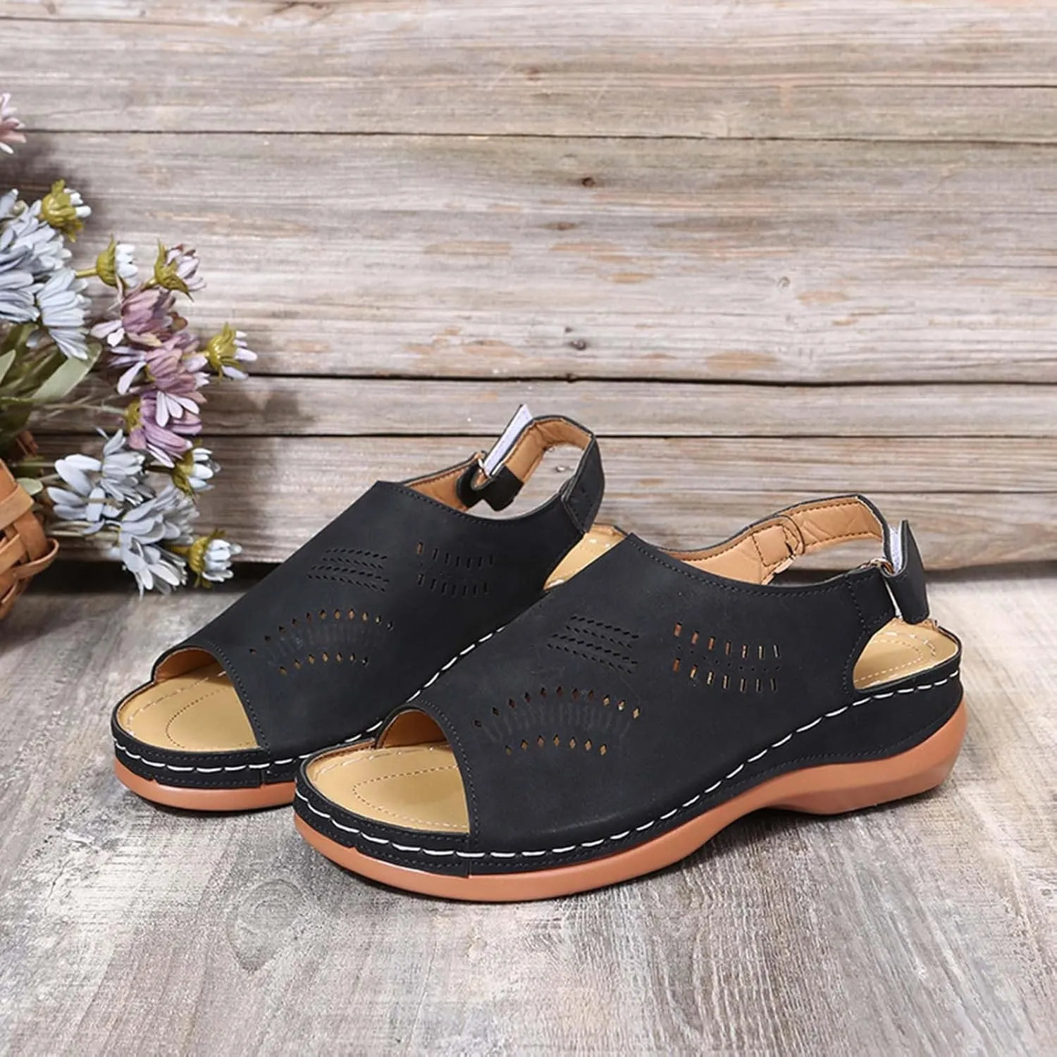 AMDBEL Summer Sandals for Women 2024 Trendy, Orthopedic Sandals for Women Ankle Strap Wedge Shoes Cutout Arch Support Slides