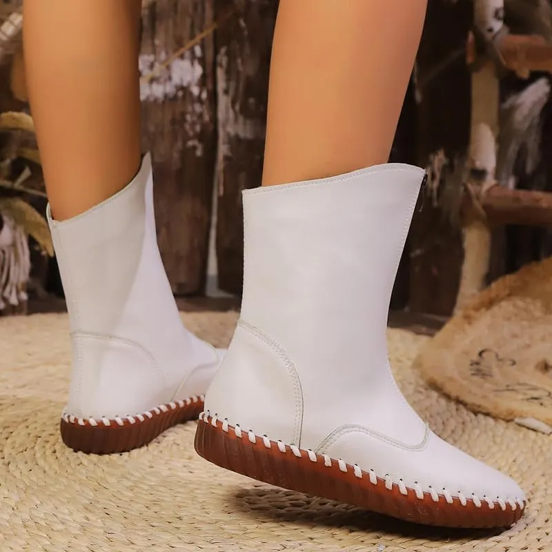 Ankle Boots for Women Low Heel,2024 New Arch Support Booties Side Zip-up Vintage Leather Damping Shoes Flat Heel Booties