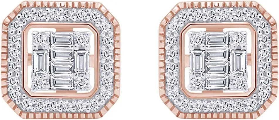 Baguette And Round Cut Sparkling White Cubic Zirconia Cushion Frame Halo Cluster Stud Earrings In 14k Gold Plated 925 Sterling Silver Jewelry For Womens